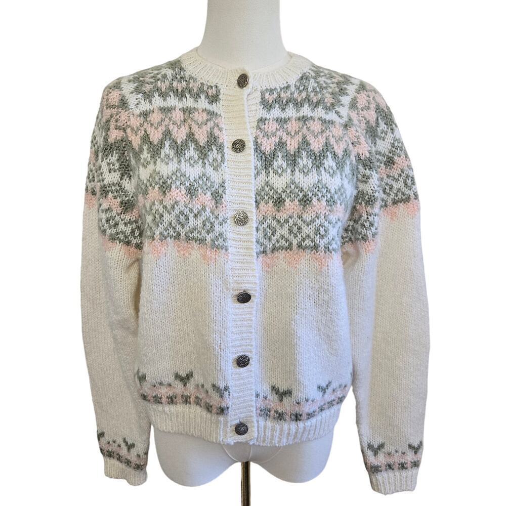 D.D. Sloane Womens Vintage Fair Isle Cardigan Sweater M Wool Grannycore Pastel